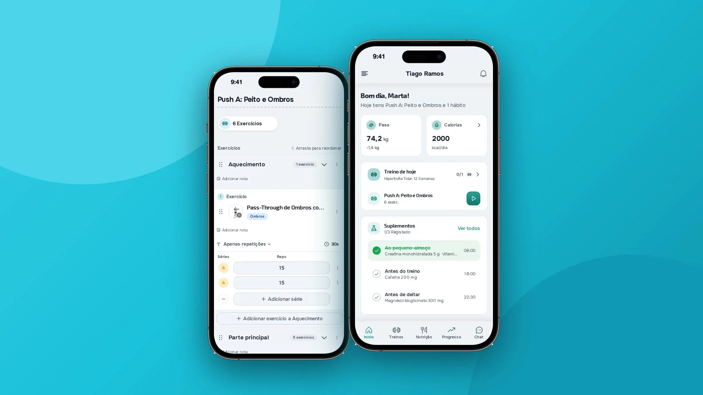 Deux iPhone avec MyFitnessClient : une séance dans le tableau de bord du professionnel et l’application client