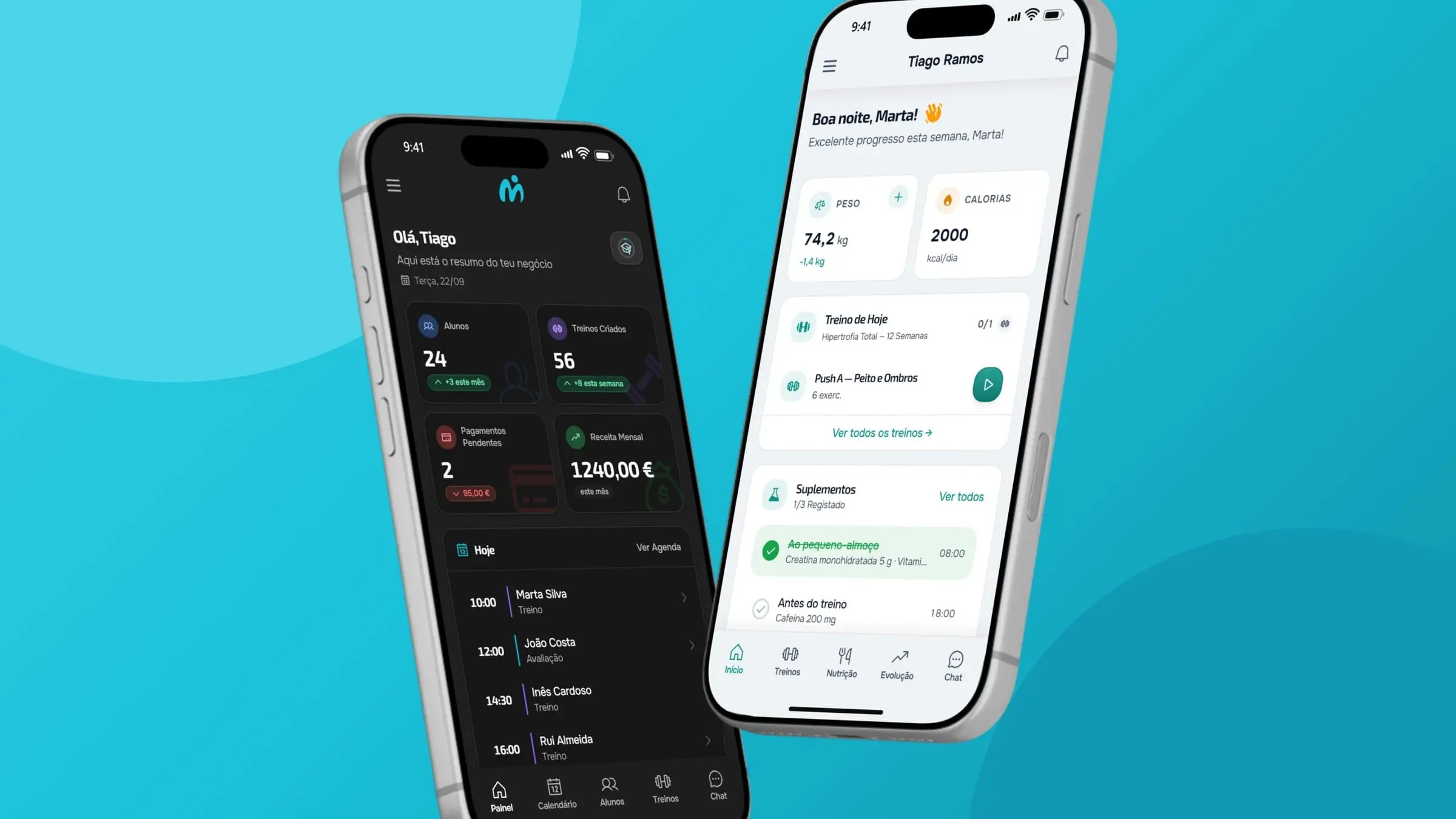 Two iPhones showing MyFitnessClient: the professional's dashboard and the client app