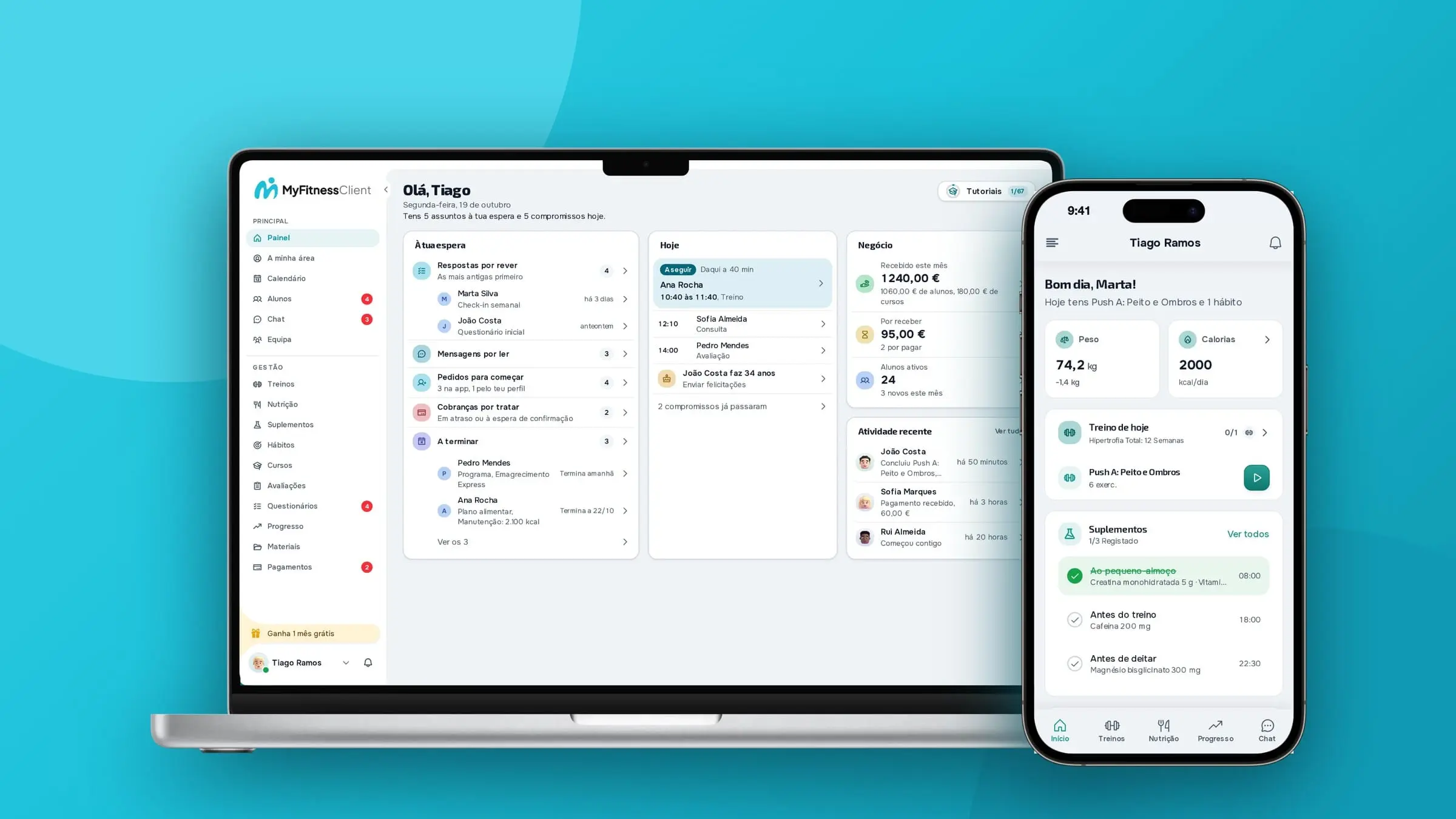 The MyFitnessClient dashboard on a laptop and the client app on an iPhone