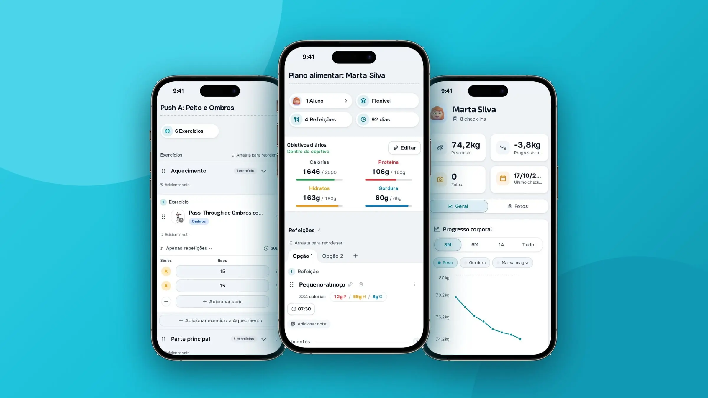Three iPhones showing the MyFitnessClient app: a workout, a meal plan and a client's progress