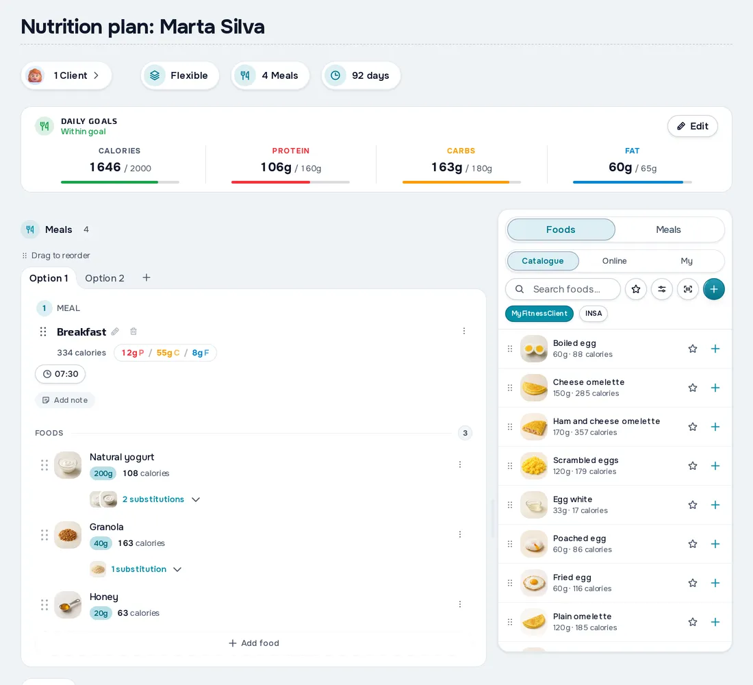 Meal plan in MyFitnessClient, with the daily targets for calories, protein, carbs and fat and the day's meals