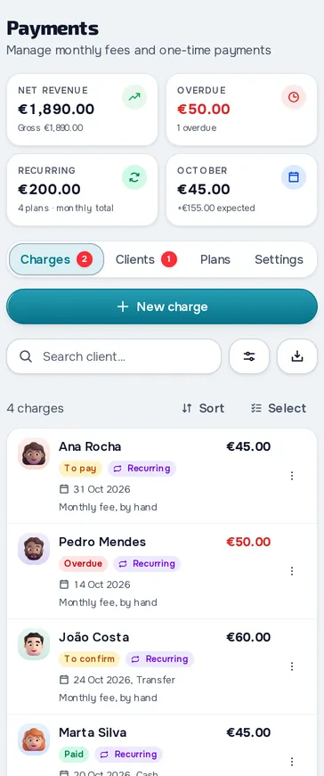 Client payments in MyFitnessClient: what came in, what is overdue and each monthly charge with its status