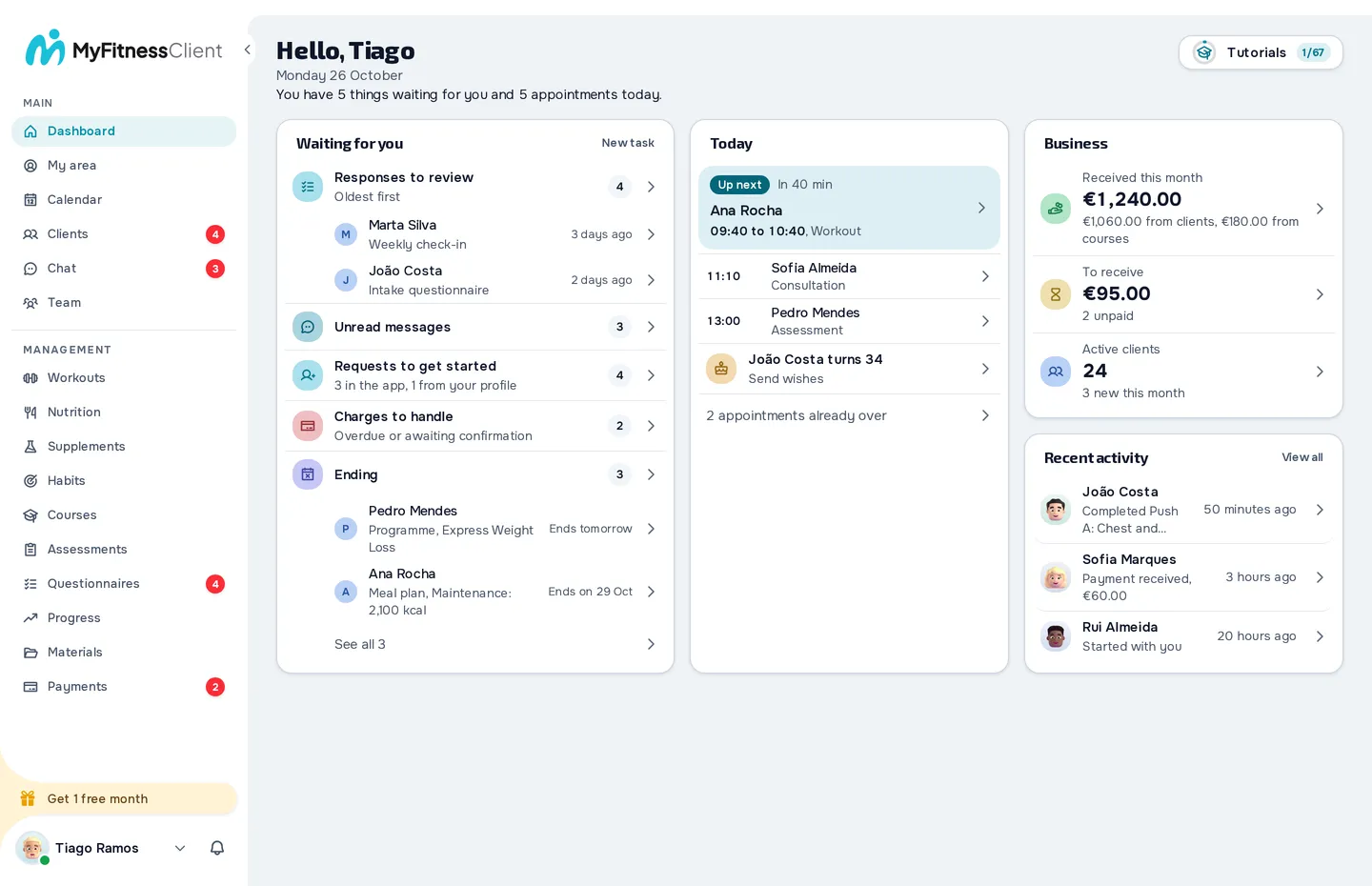 MyFitnessClient dashboard with what is waiting for the professional, today's appointments, the money received this month and the clients' recent activity