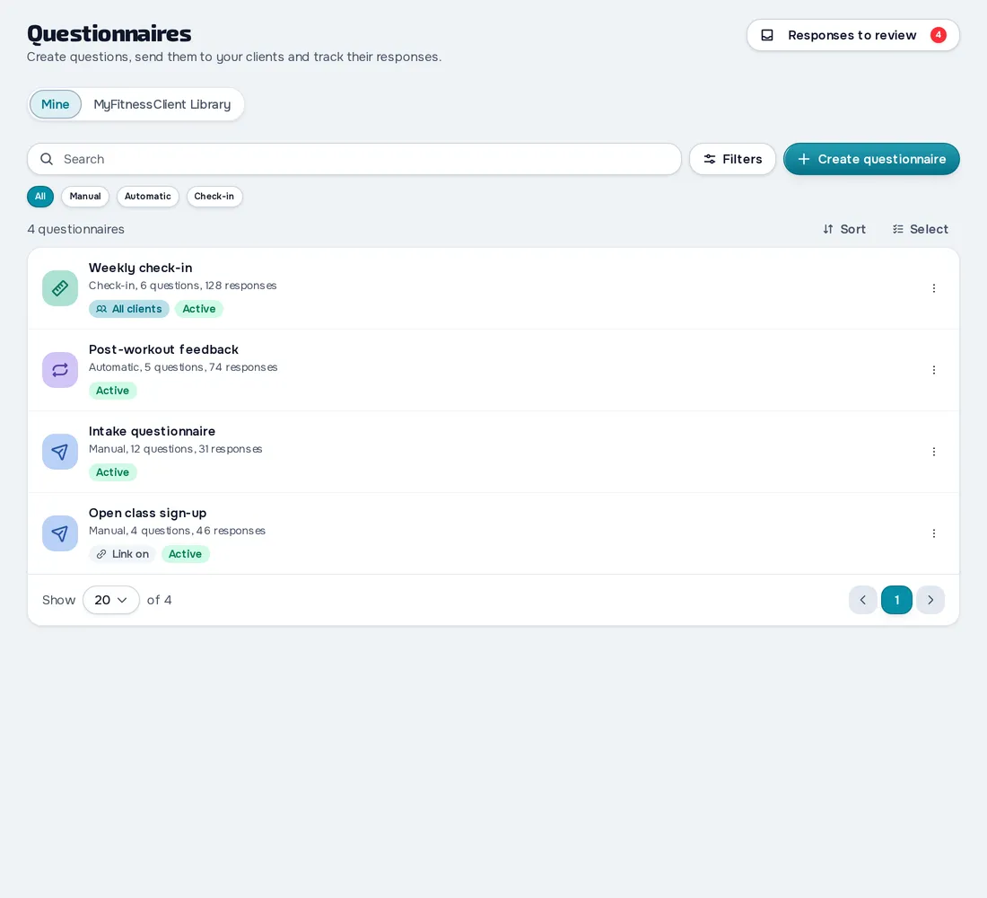 List of questionnaires in MyFitnessClient: a weekly check-in, an automatic one after the workout, an intake questionnaire and one shared by link, with the number of responses for each