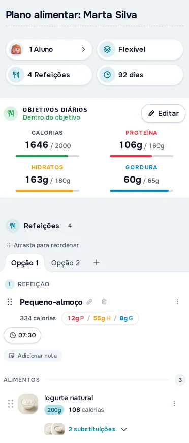 Plano alimentar na MyFitnessClient, com os objetivos diários de calorias, proteína, hidratos e gordura e as refeições do dia