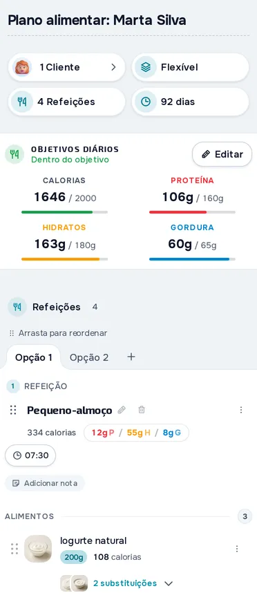 Plano alimentar na MyFitnessClient, com os objetivos diários de calorias, proteína, hidratos e gordura e as refeições do dia