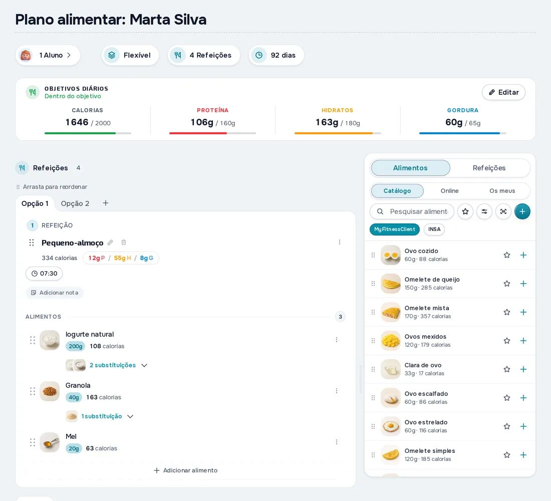 Plano alimentar na MyFitnessClient, com os objetivos diários de calorias, proteína, hidratos e gordura e as refeições do dia