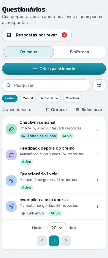 Lista de questionários na MyFitnessClient: check-in semanal, automático depois do treino, inicial e partilhado por link, com o número de respostas de cada um