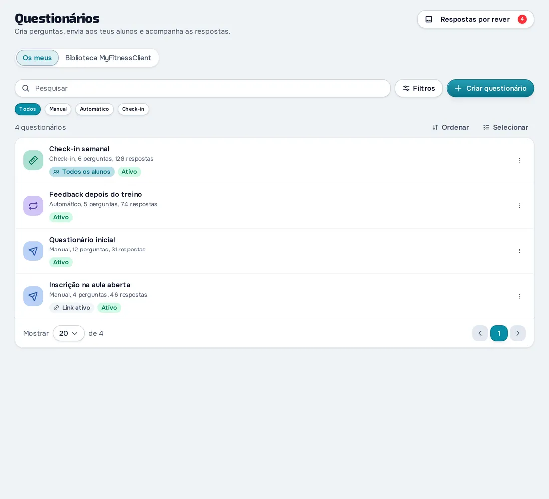 Lista de questionários na MyFitnessClient: check-in semanal, automático depois do treino, inicial e partilhado por link, com o número de respostas de cada um